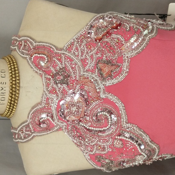Pink Silk Designer Dress Beaded Bodice Evening Wear NWT Filenes Oleg Cassini - Picture 6 of 12